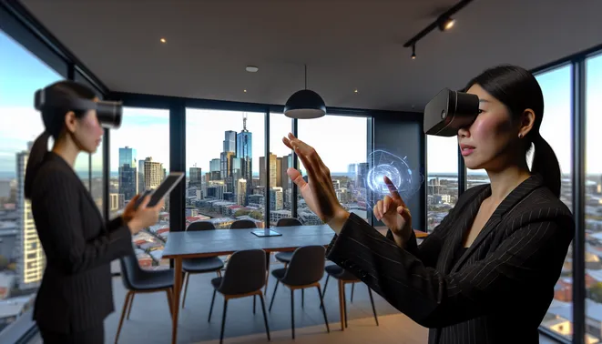 Real estate agent using augmented reality tech in modern Melbourne office with city view.