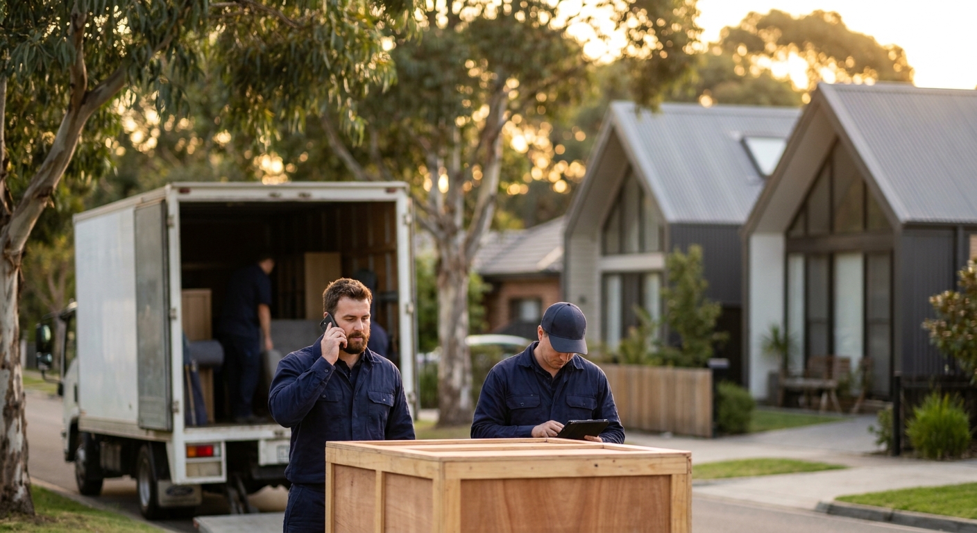 Australian removal crew in uniforms loading moving truck on sunny suburban street, mover on phone and tablet