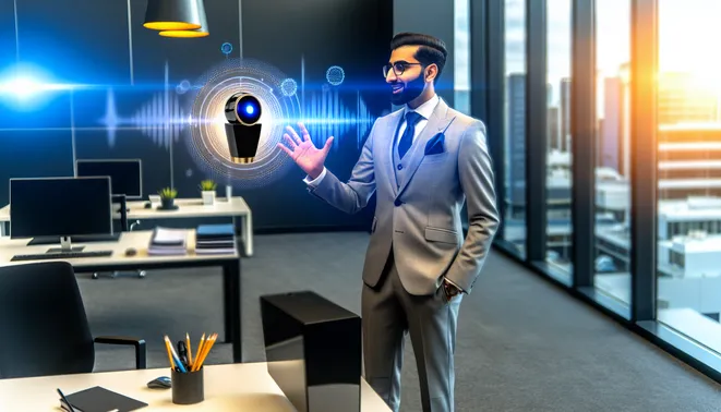 Real estate agent in Melbourne interacts with AI voice assistant in a high-tech office