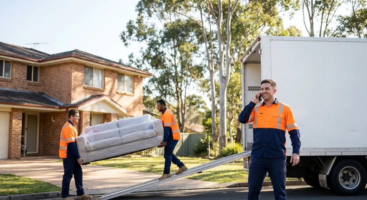 Australian removalists loading an unbranded truck in a sunny suburban driveway; mover on phone