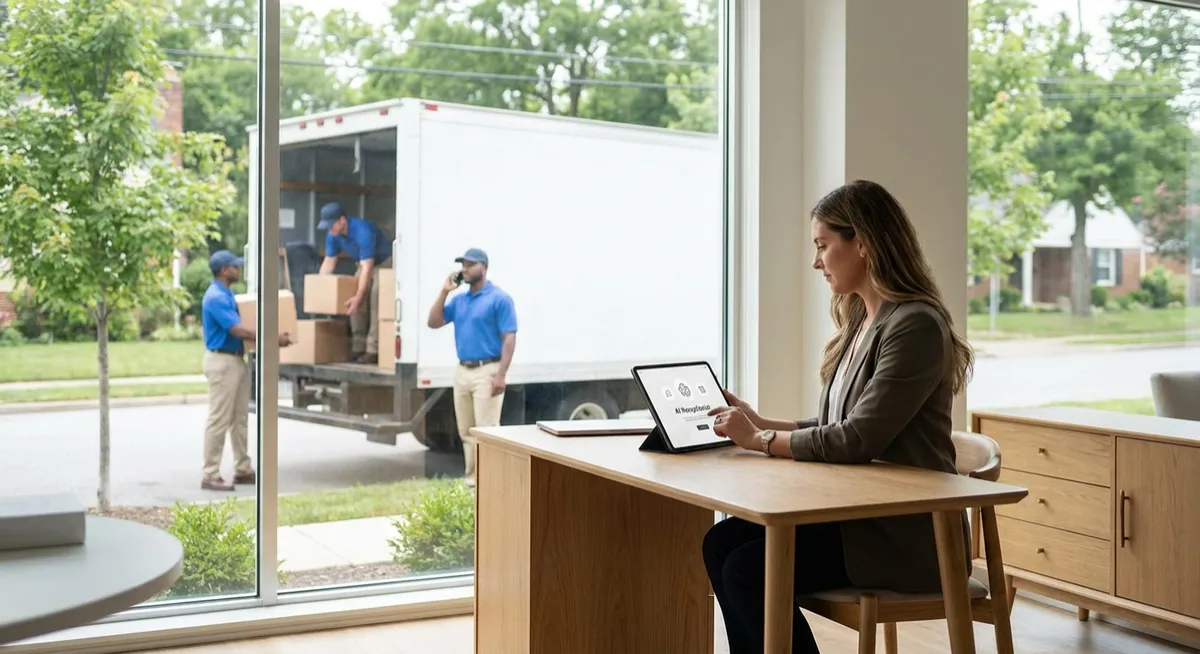 Australian real estate agent with tablet AI receptionist; removalists load white truck