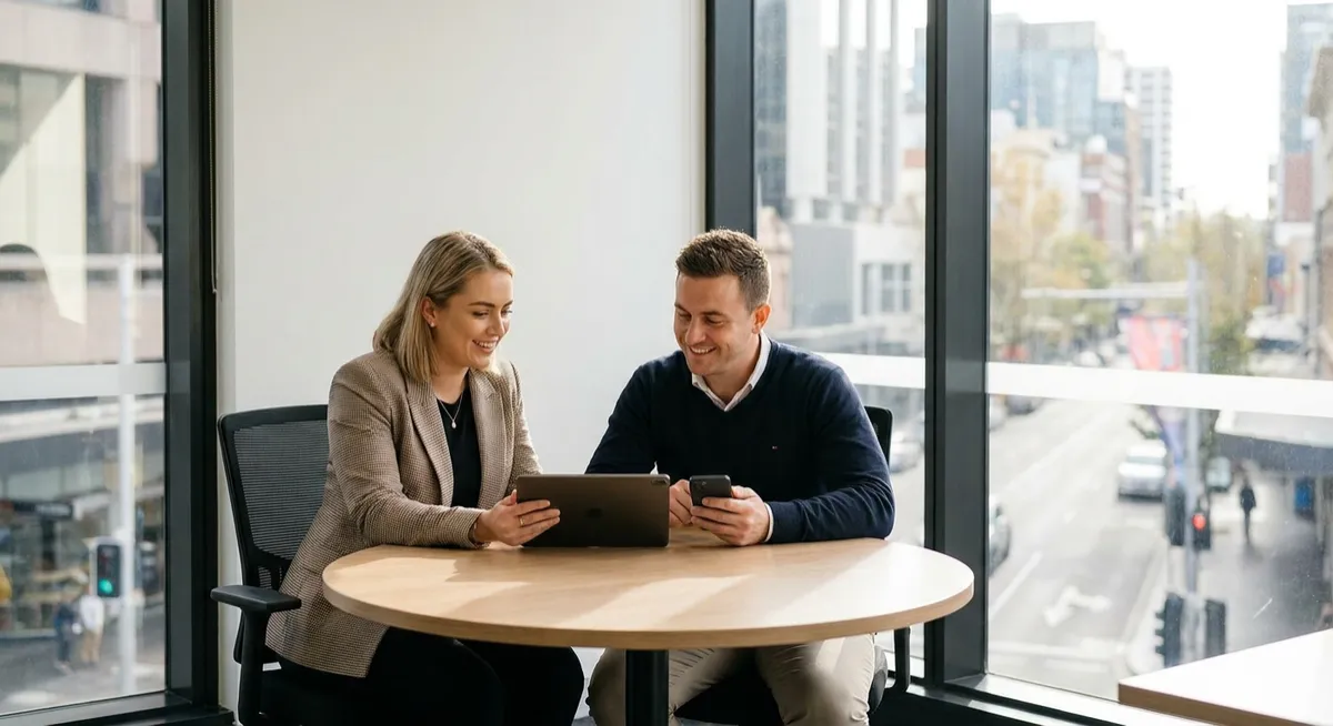 Australian real estate agent and client using tablet and smartphone in bright office with skyline