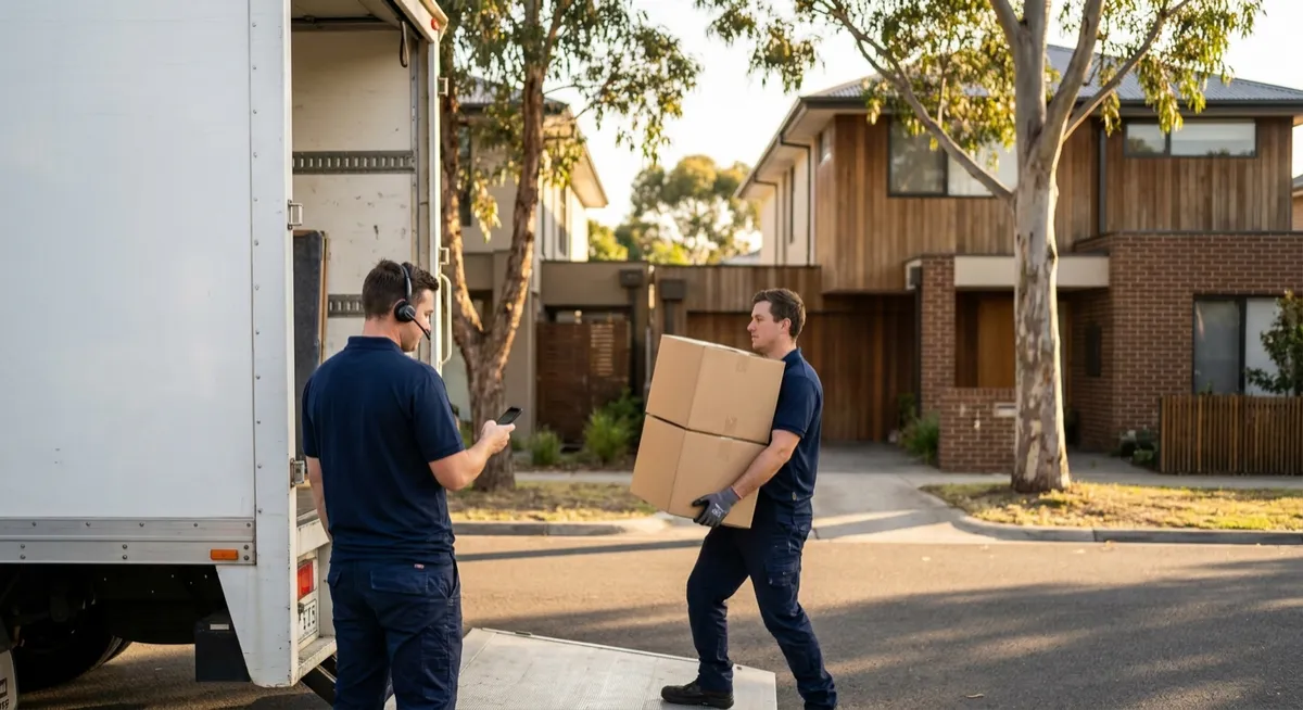 Australian removalists load modern truck on suburban street, crew with headset and boxes