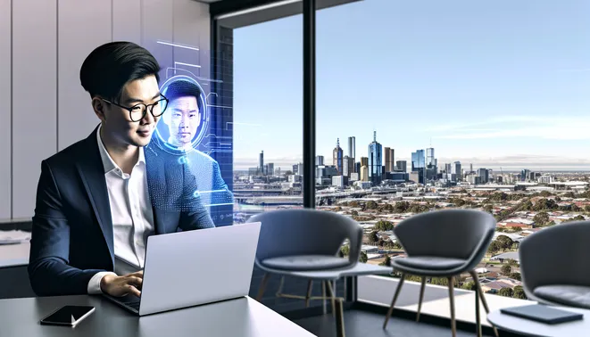 Real estate agent using AI on a laptop in a modern Melbourne office with city skyline views.