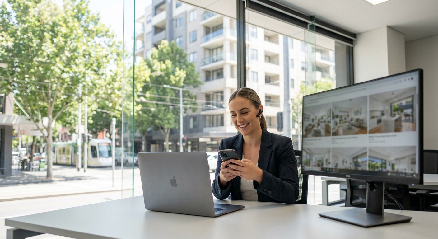 Australian property manager with headset using phone and laptop — real estate AI receptionist