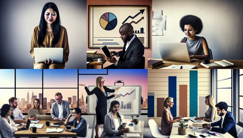 vibrant local business scene with diverse owners using tech tools, symbolizing growth and efficiency