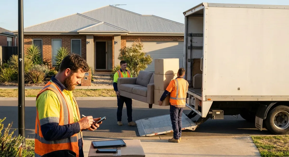 Australian removalists loading truck in suburb; mover using smartphone and tablet for logistics