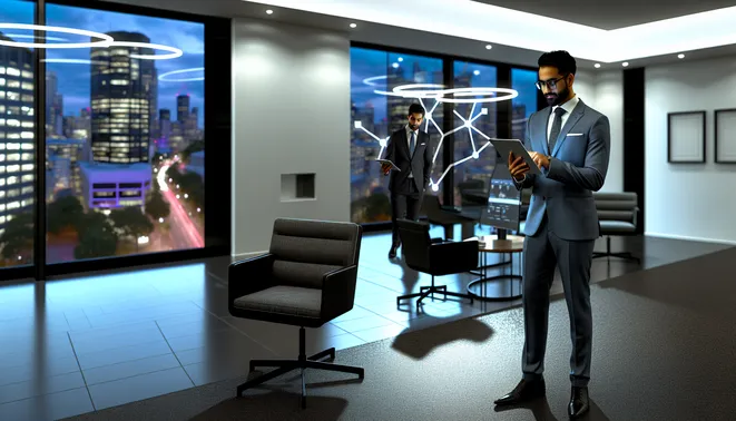 Australian real estate agent using AI caller on tablet in modern Melbourne office with city view.