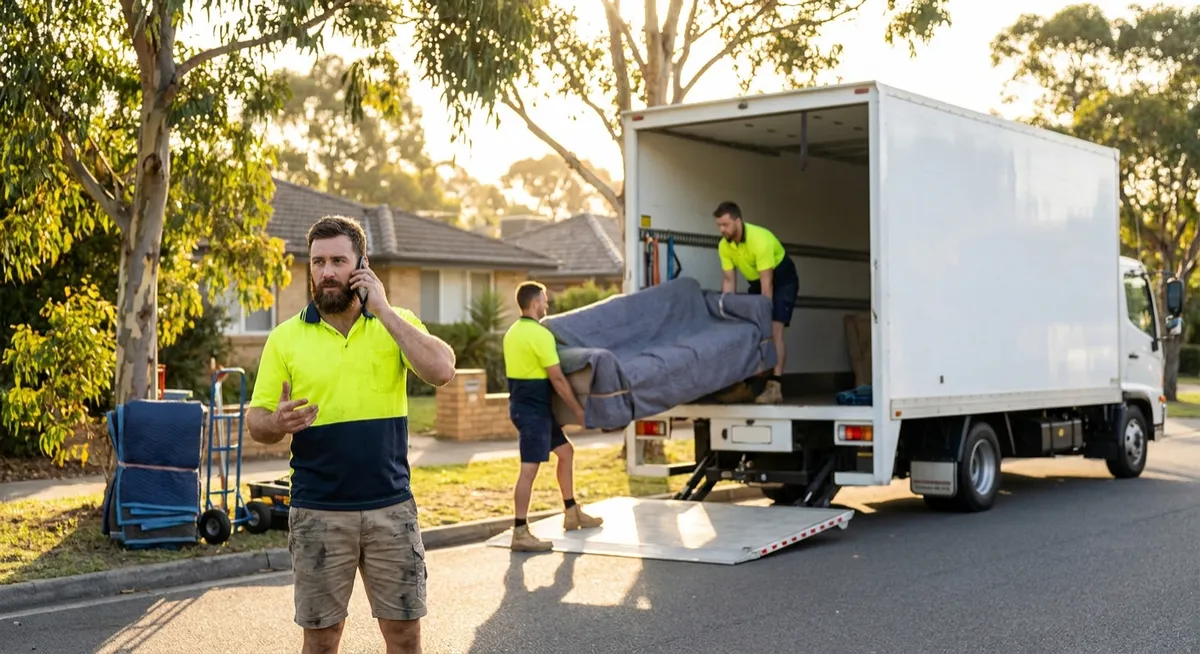 Australian removal crew loading truck at golden hour; mover on smartphone taking a call