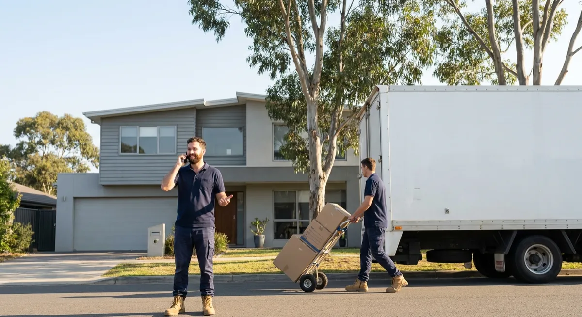Australian removalists loading moving truck for property managers, mover checking smartphone