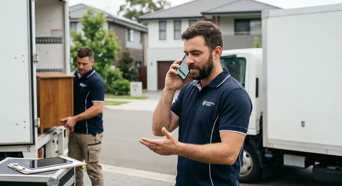 Removalists loading a moving truck on a suburban street, one using a smartphone booking app