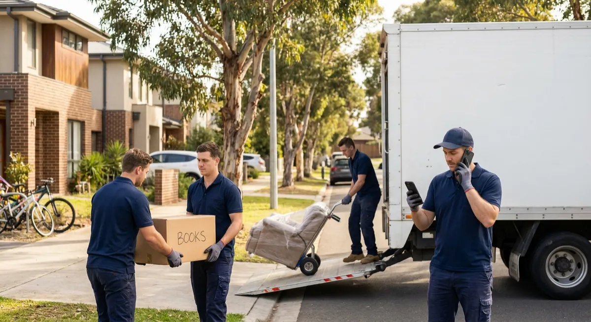 Australian removalists loading truck on eucalyptus street; one using smartphone