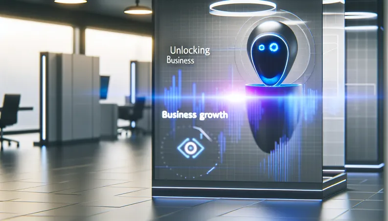 futuristic cover for "Unlocking Business Growth" showcasing AI voice agent in a sleek business environment