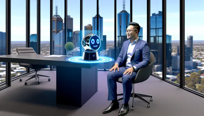 Real estate agent engaging with AI voice assistant in a sleek Melbourne office setting