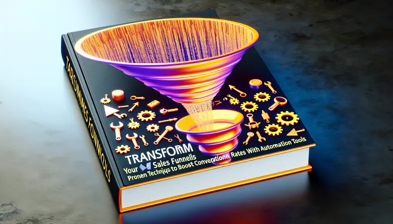Vibrant book cover design for "Transform Your Sales Funnels," featuring a sales funnel and automation icons.