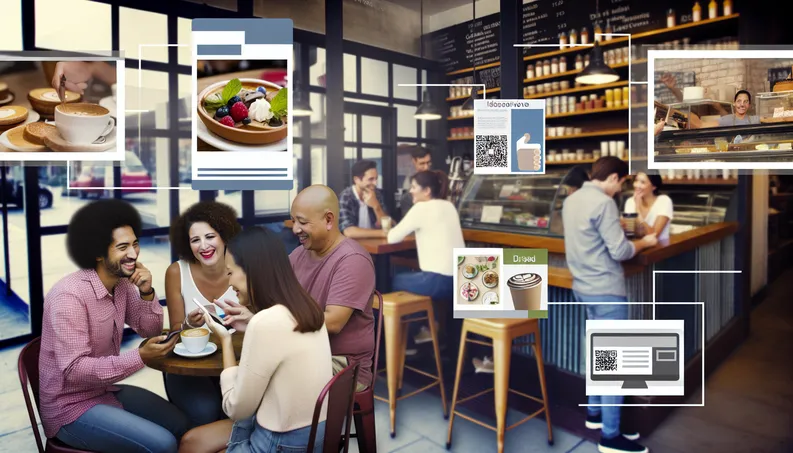 vibrant local café scene with customers and marketing tech, embodying community and innovation