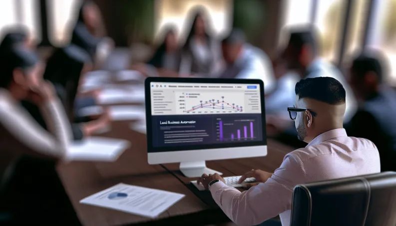 Small business owner at a desk using AI tools for workflow automation and local SEO growth.