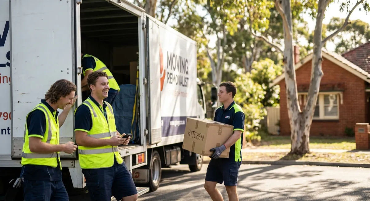Australian removalists loading a modern truck on a sunny suburban street, mover using smartphone