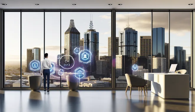 Real estate agent using AI interface in a modern Melbourne office with city views.