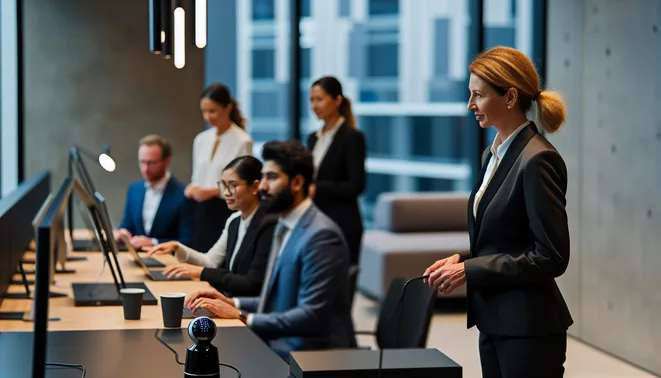 Diverse real estate agents using AI tools in a modern Melbourne office setting.
