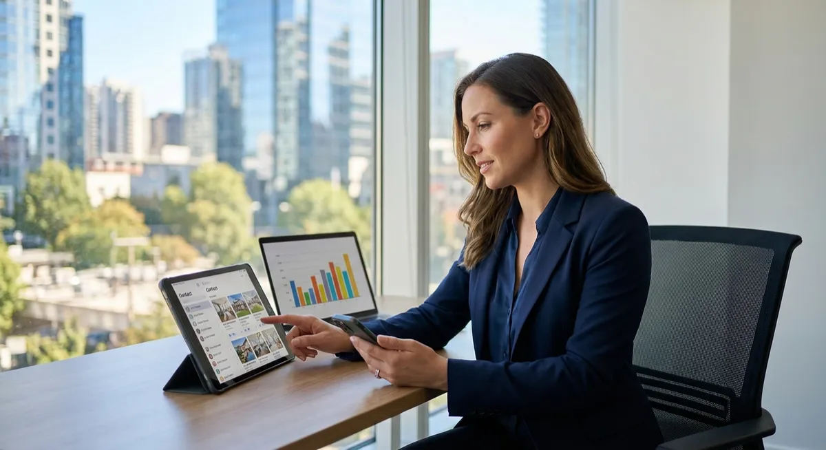 Australian real estate agent managing leads with smartphone, tablet and laptop in sunlit office