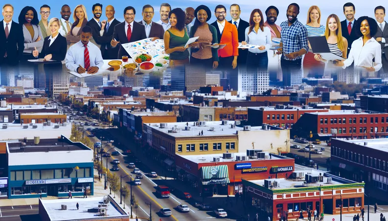 cityscape with diverse entrepreneurs engaging with devices, celebrating growth in local businesses