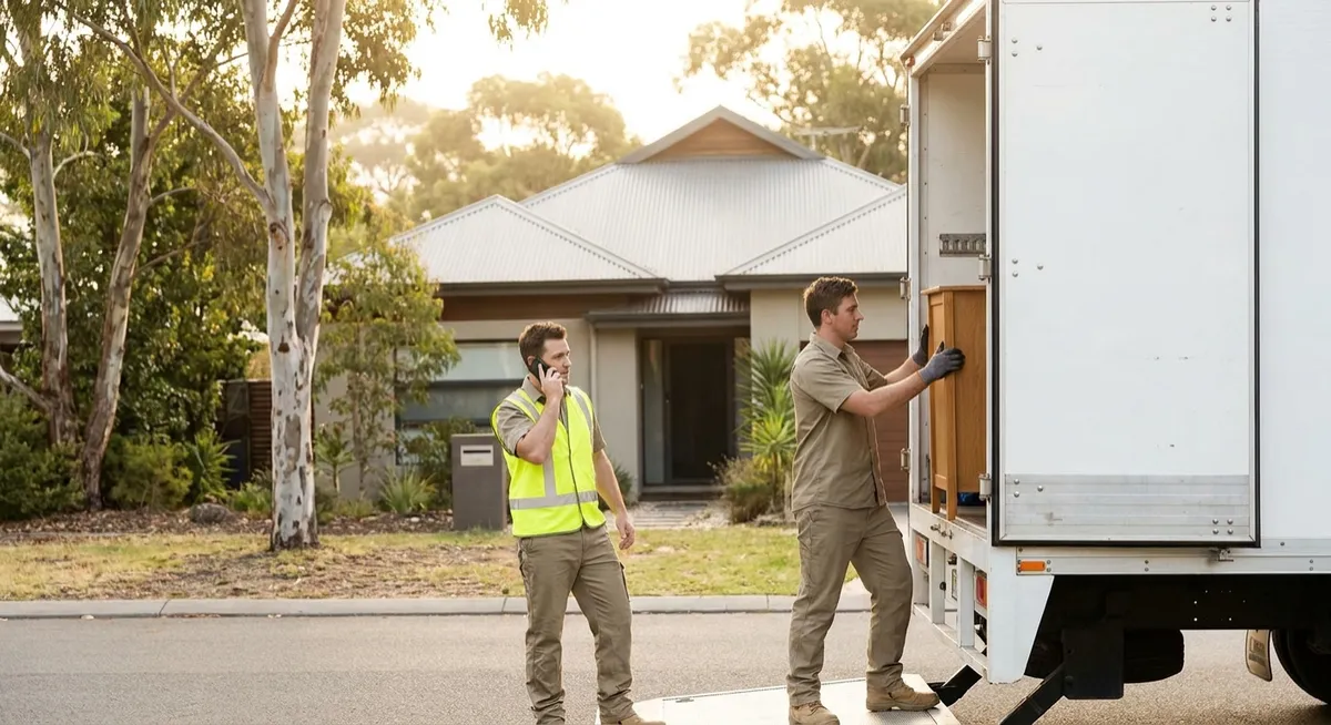 Australian removalists loading truck on sunny suburban street; mover on phone, eucalyptus trees
