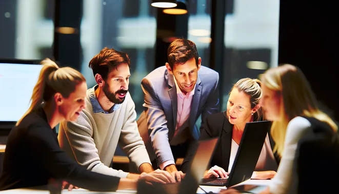 Business team collaborating on CRM automation tools in a modern Melbourne office.