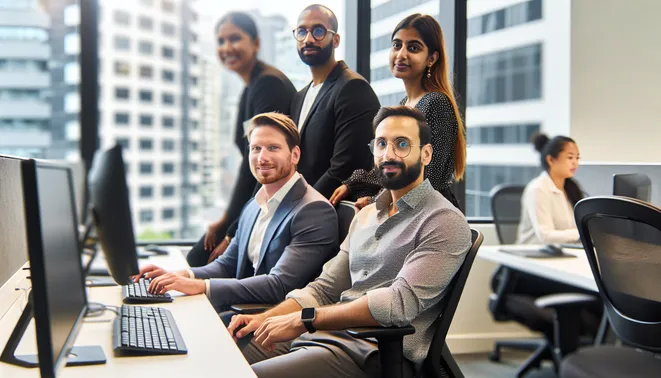 Diverse business team in Melbourne using AI technology to enhance real estate sales processes.