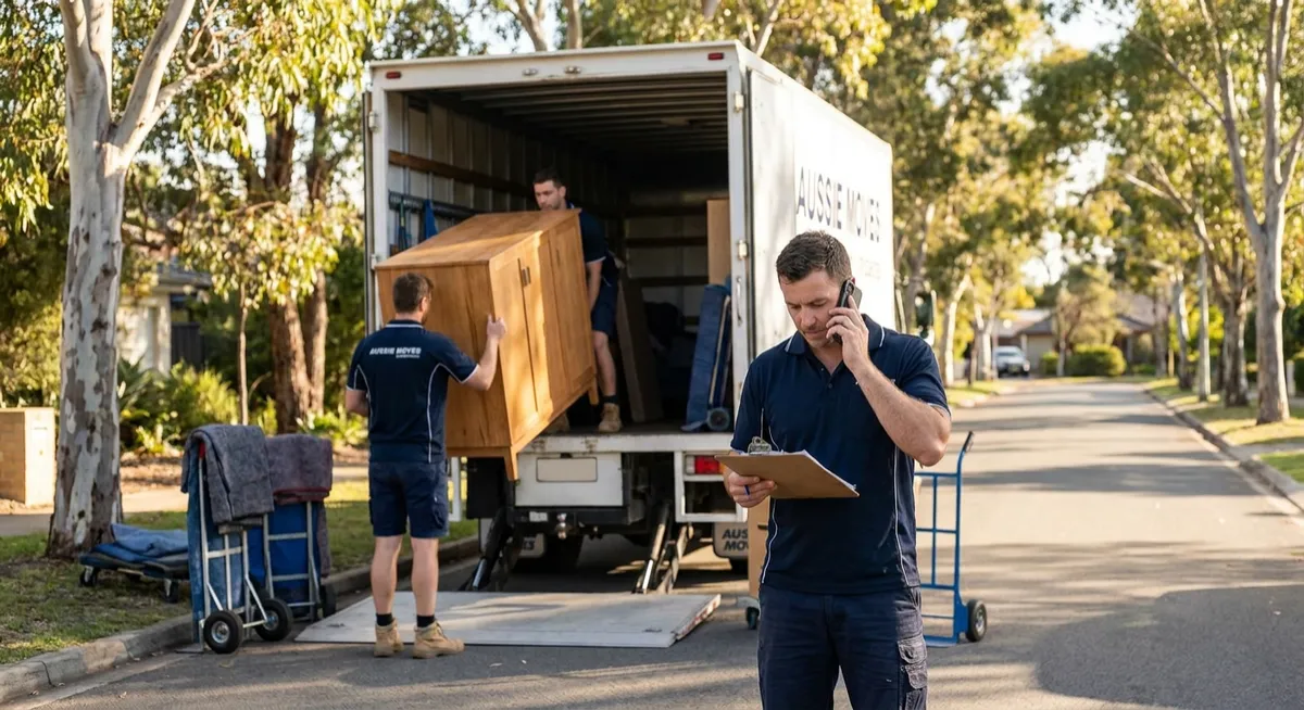 Australian removal crew loading truck on sunny suburban street, mover using smartphone