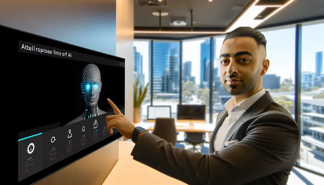 Real estate agent using AI dashboard in sleek Melbourne office with modern technology.