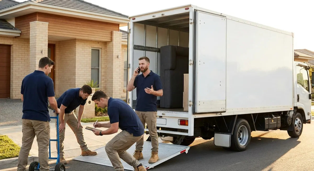 Removalists and property managers loading moving truck, crew using smartphone and tablet inventory