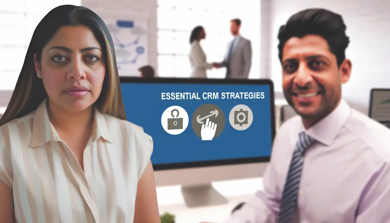 Cover image featuring a modern office with "Essential CRM Strategies" title and diverse business owners engaged.