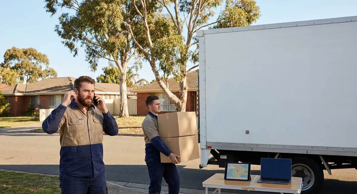 Australian removalists loading truck on sunny suburban street, mover speaking on smartphone