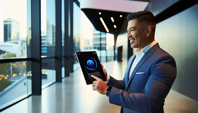 Real estate agent using AI voice interface on tablet in contemporary Melbourne office