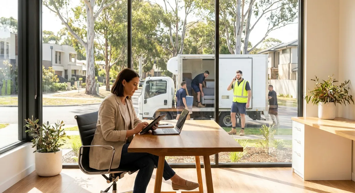 Australian real estate agent on tablet and laptop, removalists load truck, mover on phone, AI leads