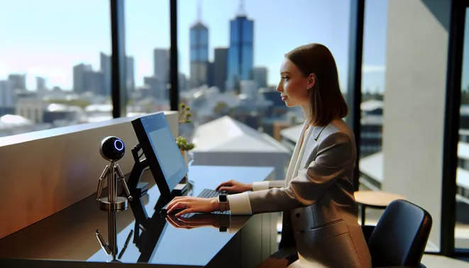 Real estate agent using AI-driven dashboard in a modern Melbourne office environment