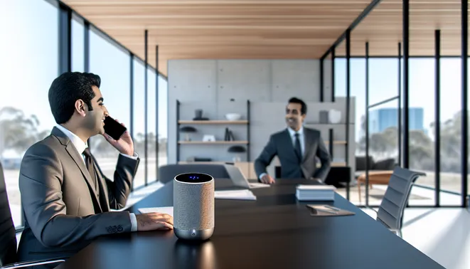 Real estate agent consulting AI voice assistant in a modern Melbourne office setting.