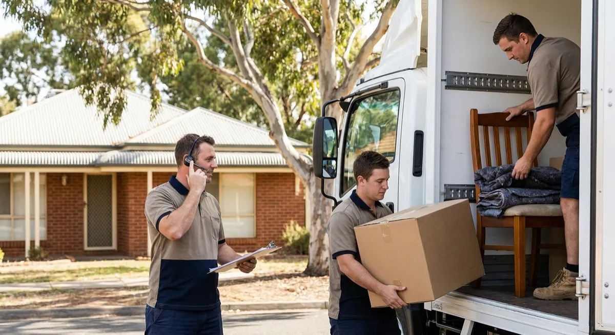 Removalists loading truck on sunny Aussie street; mover on headset coordinating for property managers