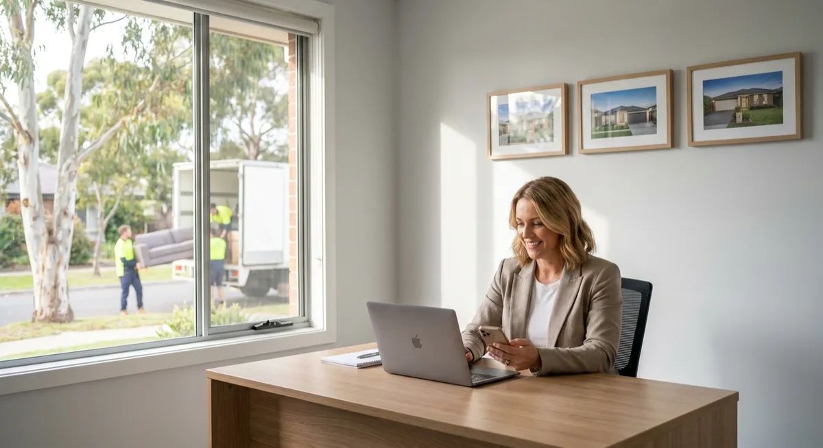 Australian real estate agent in property office with laptop and phone; removalists loading truck