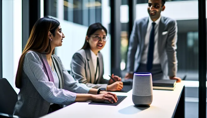 Diverse business team engaging with AI voice assistants in a sleek Melbourne office
