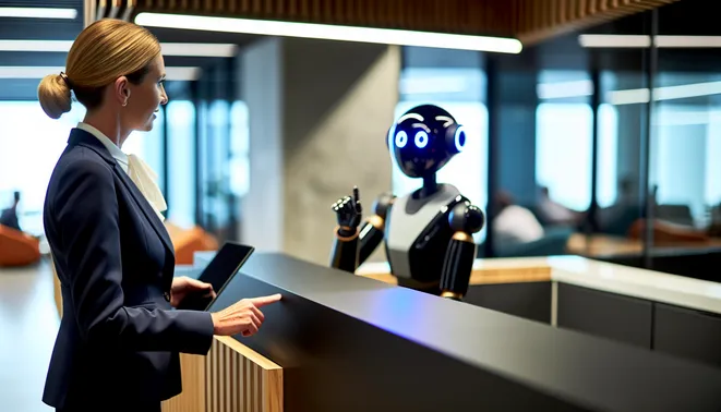 Professional businesswoman interacting with AI receptionist in modern Melbourne office.
