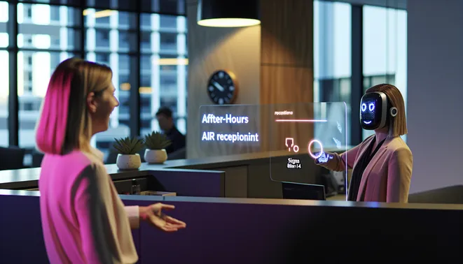 Real estate agent engaging with AI reception interface in modern Melbourne office