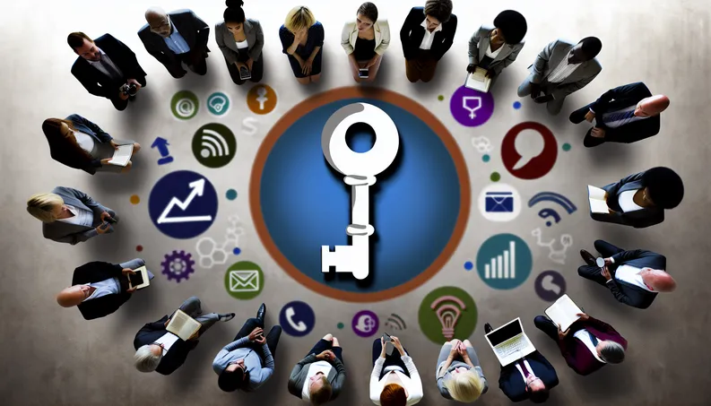 Stylized key symbolizes growth, surrounded by icons of marketing tools and diverse small business owners.