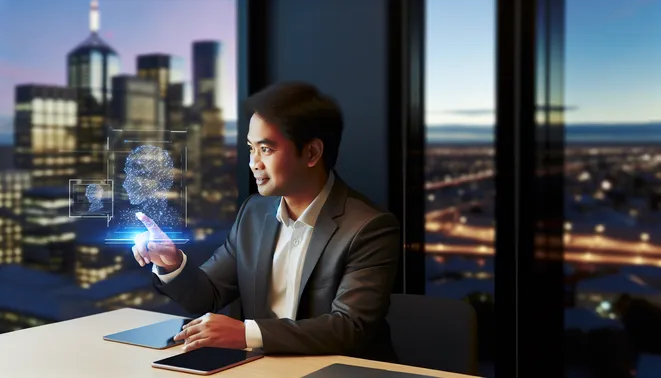 Business owner using AI-driven software in a modern Melbourne office with city views.