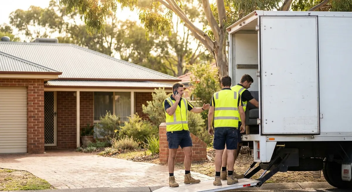 Removalists & property managers loading a moving truck in sunny Aussie driveway; mover on smartphone