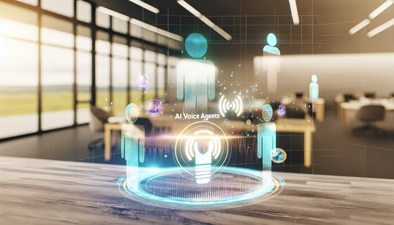 Cover design illustrating AI voice agents enhancing customer interactions in a modern office setting.