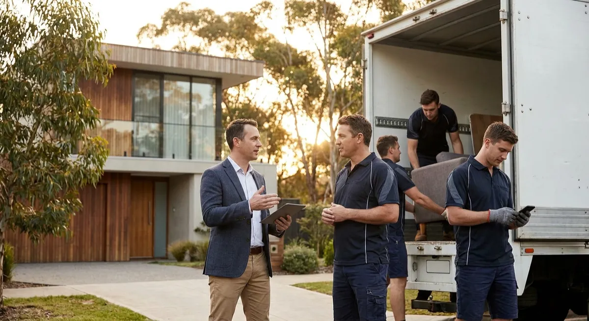 Real estate agent with tablet talks to removalists loading truck at golden hour in Australian suburb