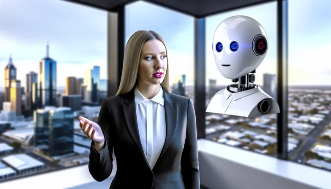 Businesswoman interacting with AI assistant in modern Melbourne office with city view.