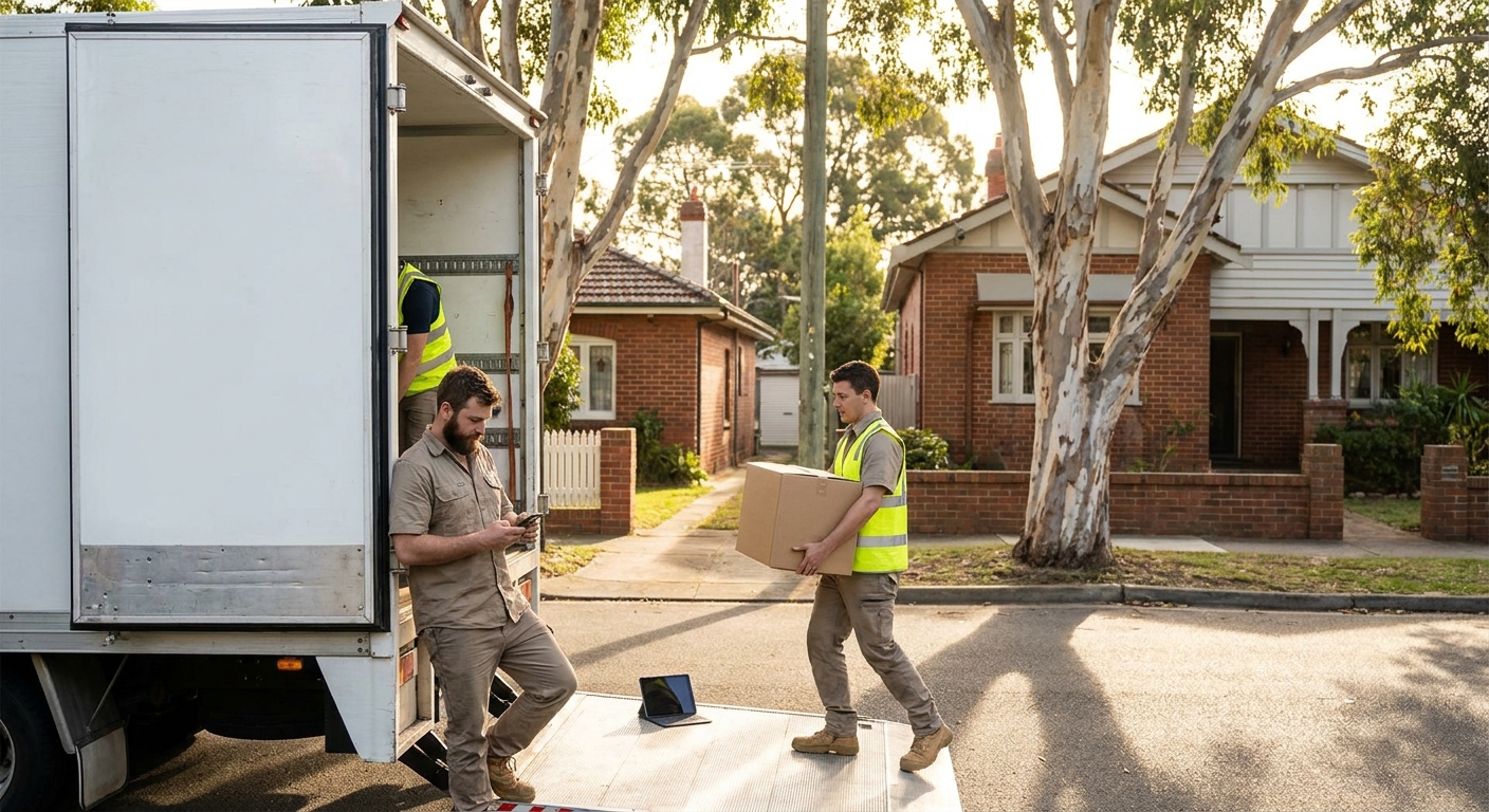 Removalists load truck in Aussie suburb; property managers using smartphone and tablet on ramp